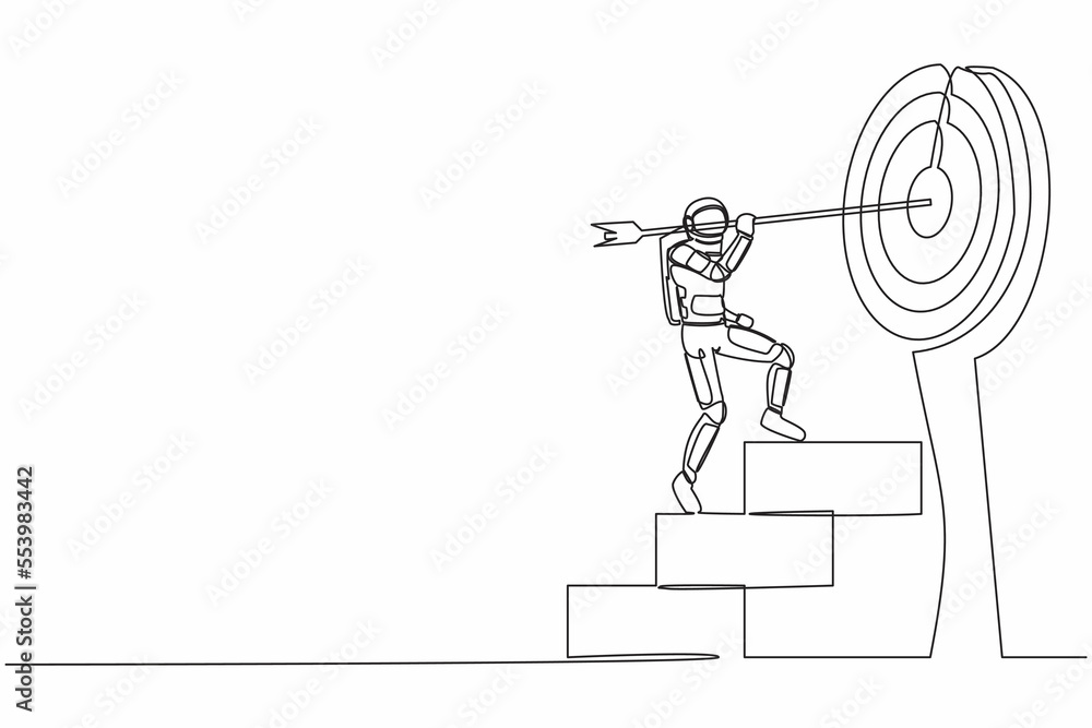 Poster single one line drawing young astronaut with stuck arrow on stairs towards target. path to achieving