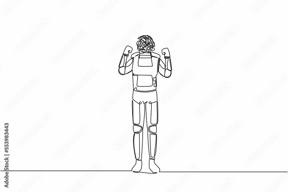 Poster single continuous line drawing astronaut with round scribbles instead of head. angry robot raised fi