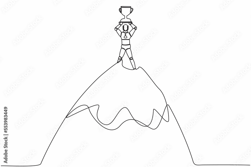 Aufkleber single one line drawing robot lifting up trophy on top of high mountain. success, goal, achievement.