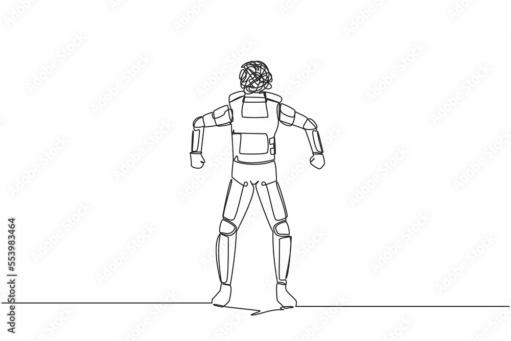 Poster single one line drawing of astronaut with round scribble instead of head. angry spaceman. emotional 