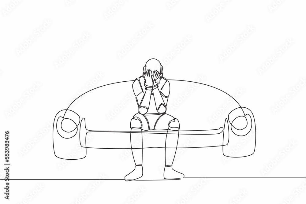 Poster single one line drawing lonely robot sitting on couch. holding his head. failure concept. robotic ar
