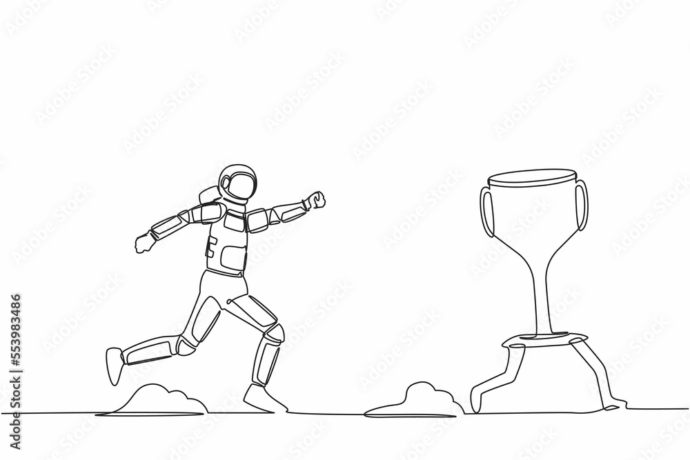 Aufkleber single one line drawing astronaut trying to catch and running chasing after run away winner trophy. 