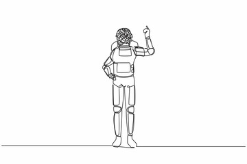 Fototapeta na wymiar Single one line drawing astronaut with round scribbles instead of head, showing index finger, representing idea, solution. Cosmic galaxy space. Continuous line draw graphic design vector illustration