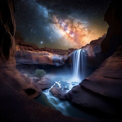 Starry night sky and milky way over the waterfall in the mountains. Stunning photorealistic landscape. Generative art