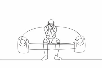Single one line drawing lonely robot sitting on couch. Holding his head. Failure concept. Robotic artificial intelligence. Technology industry. Continuous line draw design graphic vector illustration
