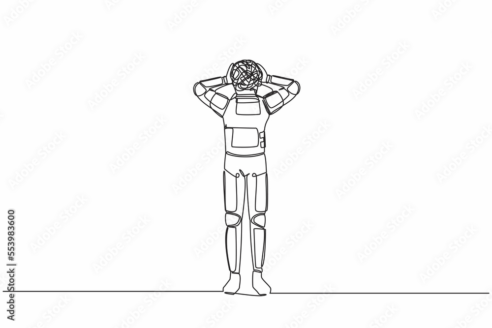 Poster single continuous line drawing of young astronaut with round scribbles instead of head. confusion an