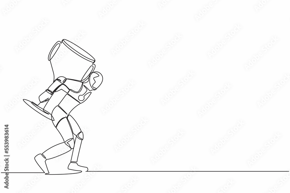 Aufkleber single continuous line drawing robot carrying huge golden trophy on back. heavy burden of tech busin