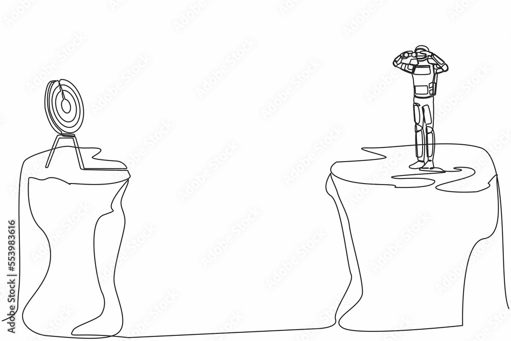 Poster continuous one line draw astronaut standing on cliff with binoculars looking for target on another c