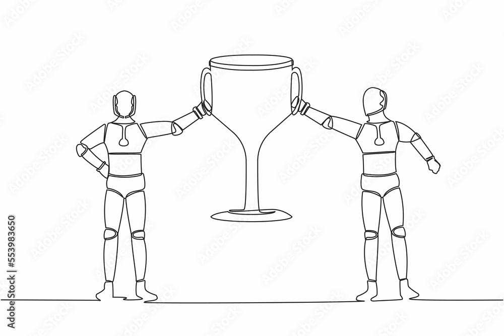 Aufkleber single one line drawing two robots holding golden trophy together. winners team celebrating victory.