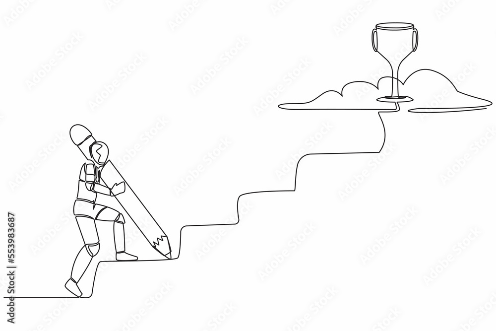 Poster single continuous line drawing of robot using huge pencil to draw stairs and walk climbing up to rea