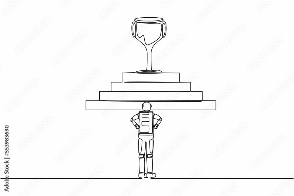 Poster single continuous line drawing of astronaut standing in front of staircase with trophy on top. path 
