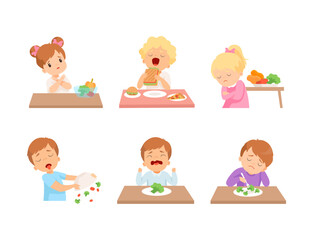 Little Kids at Table with Vegetables and Sandwich Showing Like and Disgust Vector Set