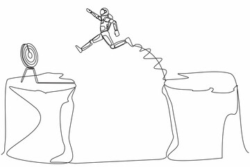 Single one line drawing young astronaut jumping over cliff to reach target. Success move while taking risk in cosmic expedition. Cosmic galaxy space. Continuous line graphic design vector illustration