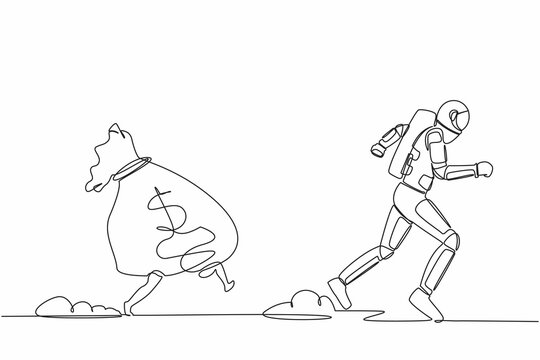 Single one line drawing astronaut being chased by money bag. Hurry in achieving wealth and profit goals in spaceship industry. Cosmic galaxy space. Continuous line graphic design vector illustration