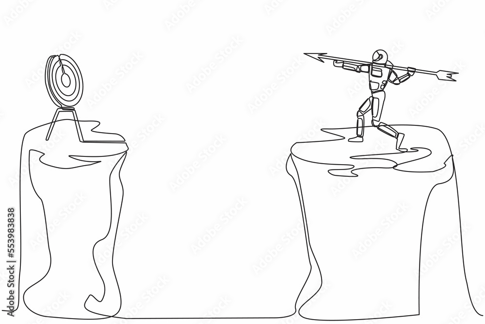 Poster continuous one line drawing astronaut standing on peak of cliff targeting dartboard with big arrow. 