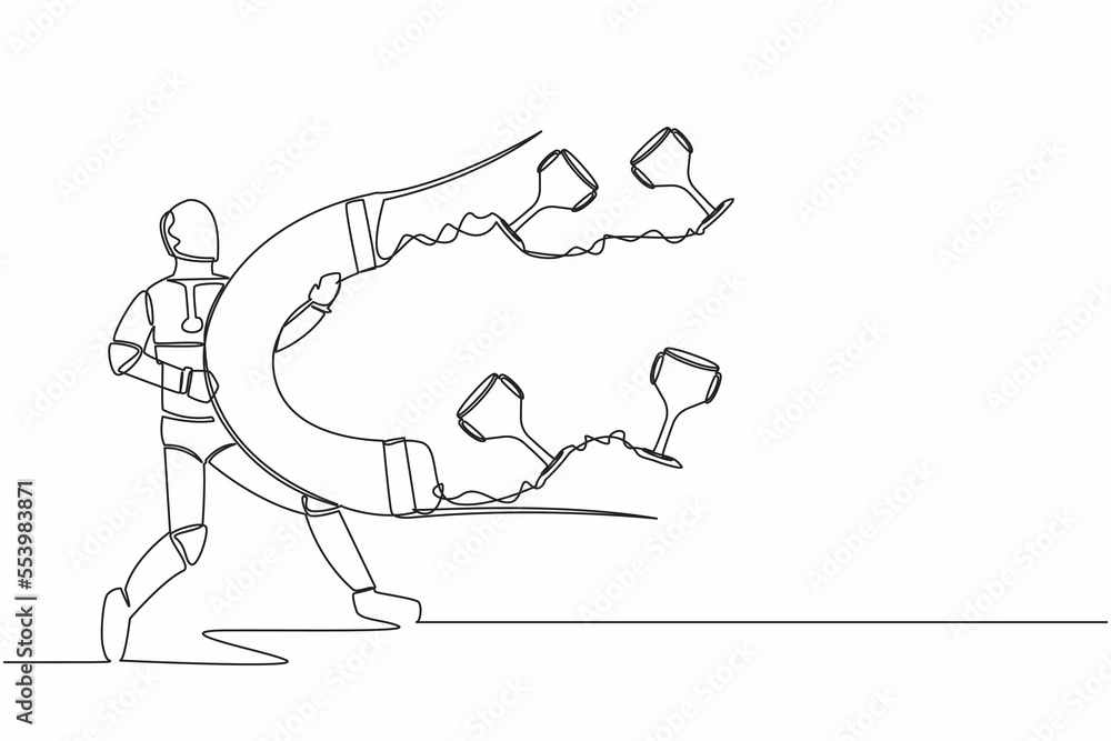 Poster continuous one line drawing of robot attracting many trophy with huge magnet. achievement tech busin