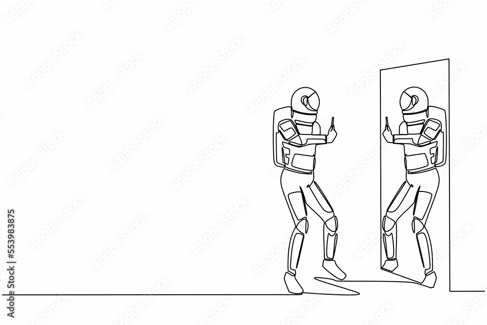 Poster single continuous line drawing astronaut in spacesuit taking selfie in front of mirror. addiction on