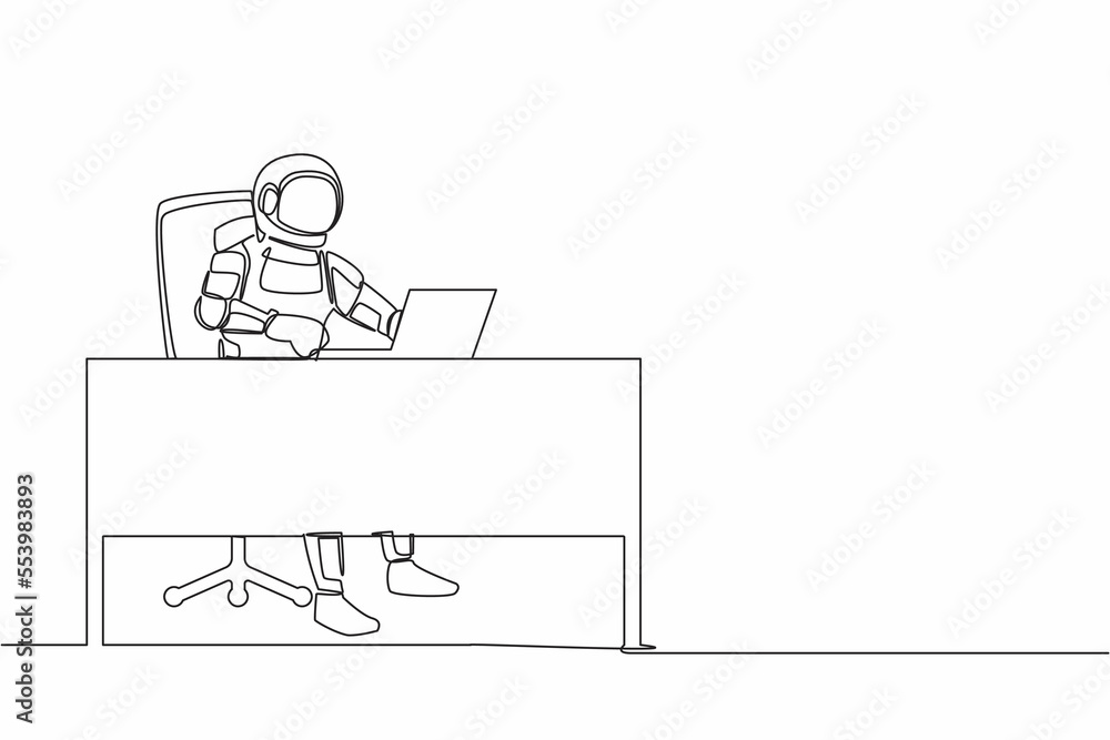 Poster continuous one line drawing astronaut typing and sending messages at working desk. researching prepa