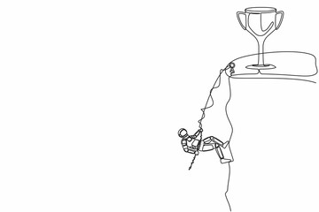 Continuous one line drawing of astronaut climber hanging on rope on top rocky cliff to reach trophy. Struggle in space expedition. Cosmonaut outer space. Single line graphic design vector illustration