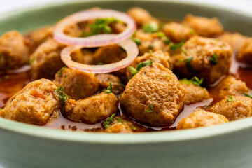 Soya chunks curry or meal maker curry is a delicious Indian dish made with soy nuggets