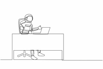 Single one line drawing of astronaut giving thumbs up sign in front of laptop at working desk. Feeling good after galactic exploration. Cosmic galaxy space. Continuous line design vector illustration
