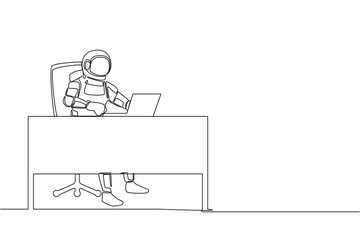 Continuous one line drawing astronaut typing and sending messages at working desk. Researching preparations for launching spacecraft. Cosmonaut outer space. Single line draw design vector illustration