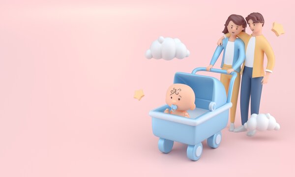 Parents Walking Her Baby in a Stroller. 3D Illustration