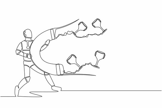 recommend clip art: Continuous one line drawing of robot attracting many trophy with huge magnet. Achievement tech business goals. Humanoid cybernetic organism. Robotic development. Single line design vector illustration