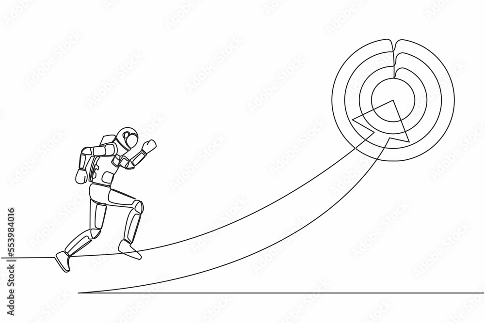 Aufkleber single one line drawing astronaut running on arrow to center of target. spaceship company with space