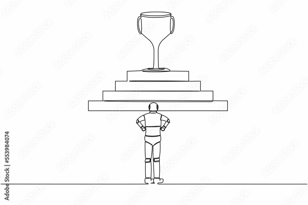 Poster continuous one line drawing robot standing in front of staircase with trophy cup on the top. path to