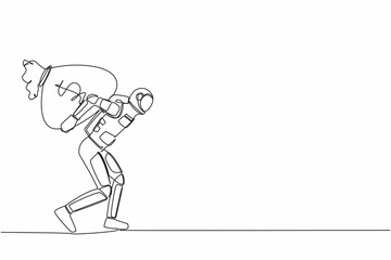 Single continuous line drawing young astronaut carrying heavy money bag on his back in moon surface. Get big profit from space industry. Cosmonaut deep space. One line draw design vector illustration