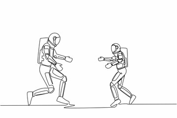 Single continuous line drawing of joyful little astronaut kid running to dad spaceman for family hug. Happy son meeting father with love. Cosmonaut deep space. One line draw design vector illustration