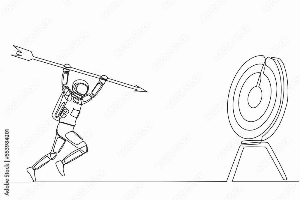 Poster continuous one line drawing astronaut holding and point big arrow on target. spaceship interstellar 