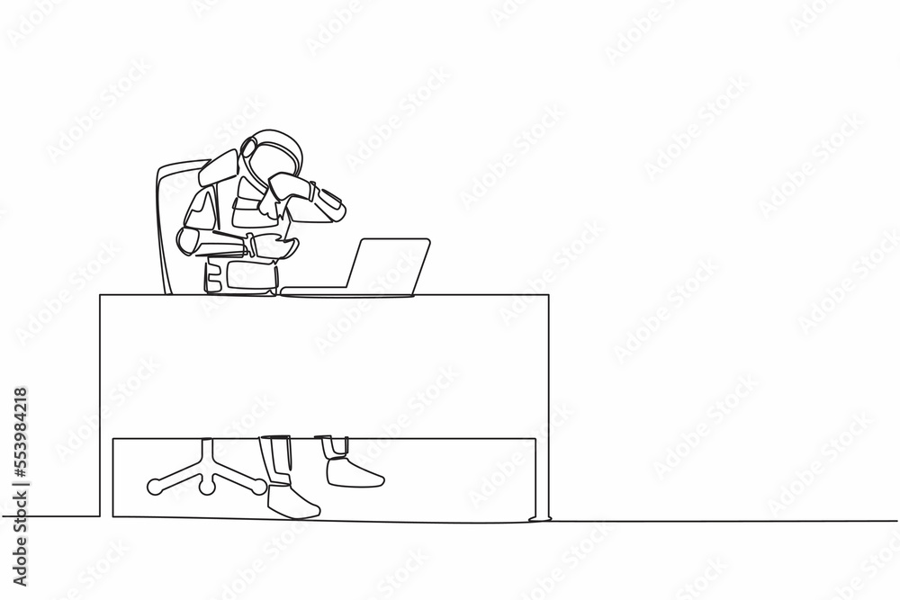 Poster single continuous line drawing astronaut crying while wiping tears using tissue at working desk. fai