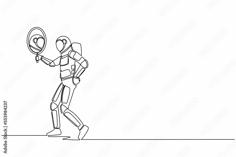 Poster continuous one line drawing young astronaut holding hand mirror. spaceman looking at himself in mirr
