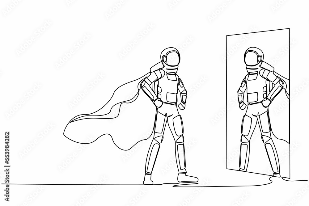 Aufkleber single one line drawing astronaut looking at reflection in mirror and seeing super hero standing. am