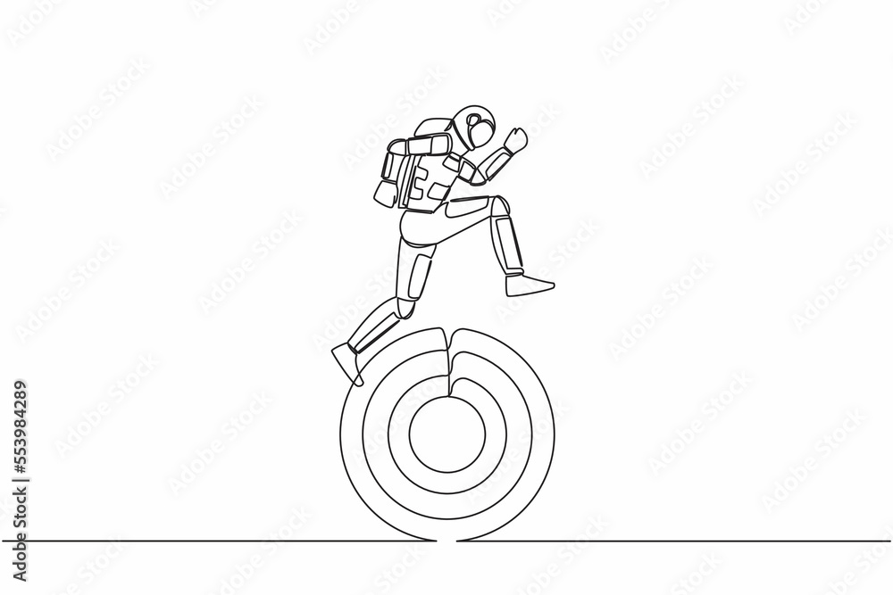 Poster single continuous line drawing astronaut running on target board in moon surface. move forward in sp
