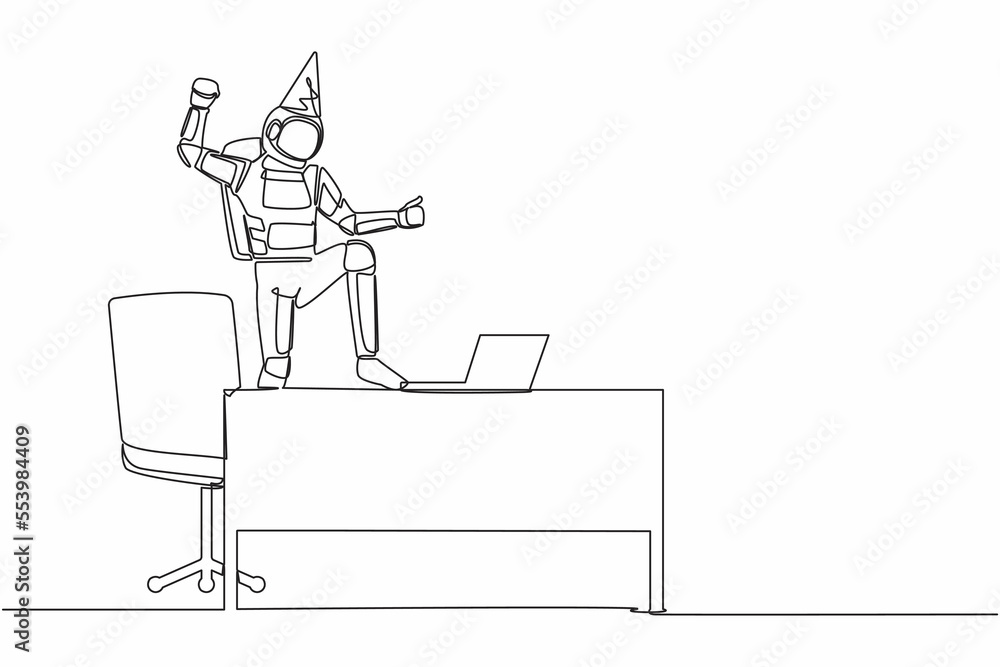 Poster continuous one line drawing astronaut stands in office desk with hand raised. spaceman celebrate suc