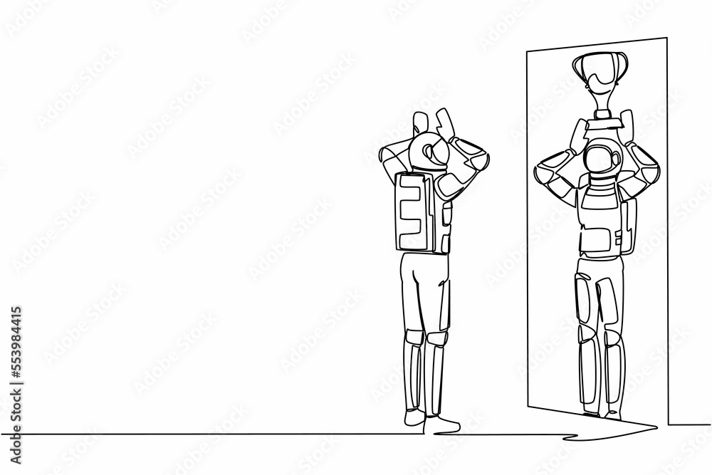 Poster continuous one line drawing astronaut looking himself happy in mirror reflection with lifting up tro