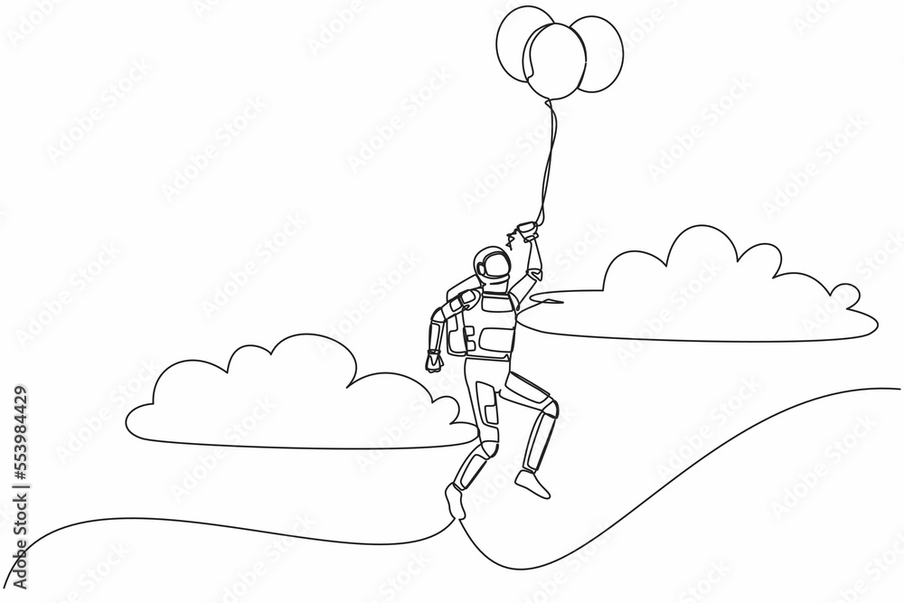 Poster continuous one line drawing astronaut flying with balloon air. achieve journey independence. future 