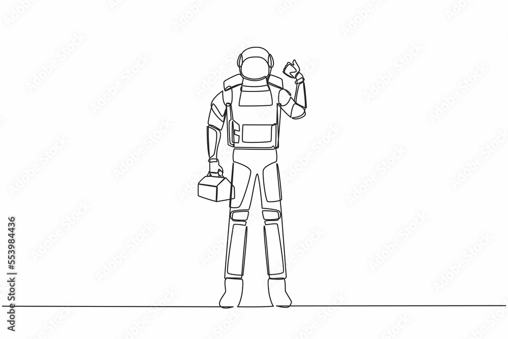 Aufkleber single one line drawing astronaut standing and holding tools box with thumb up gesture. ability to r