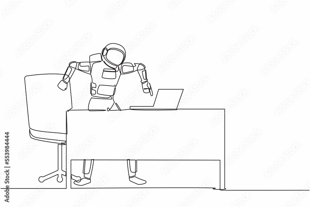 Poster continuous one line drawing of frustrated astronaut standing and shouting on laptop screen at workin