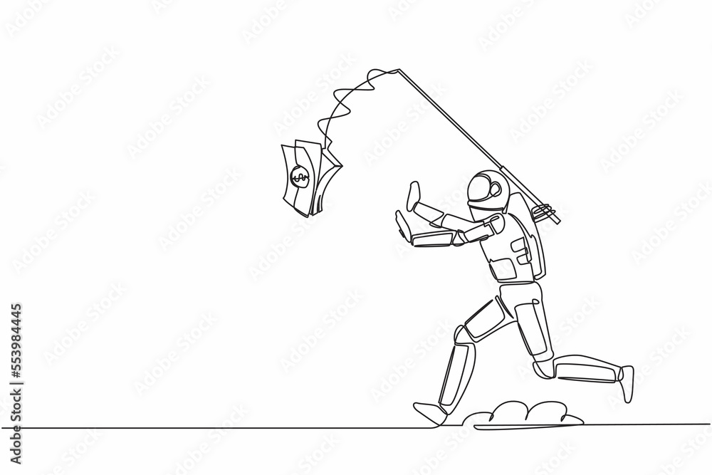 Poster continuous one line drawing astronaut running chasing bait of banknote from himself. greedy of colle