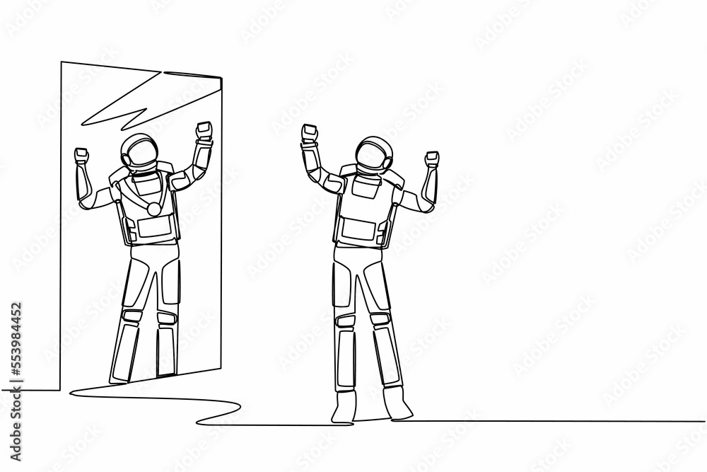 Poster single one line drawing astronaut looking at mirror and seeing in reflection of himself with gold me