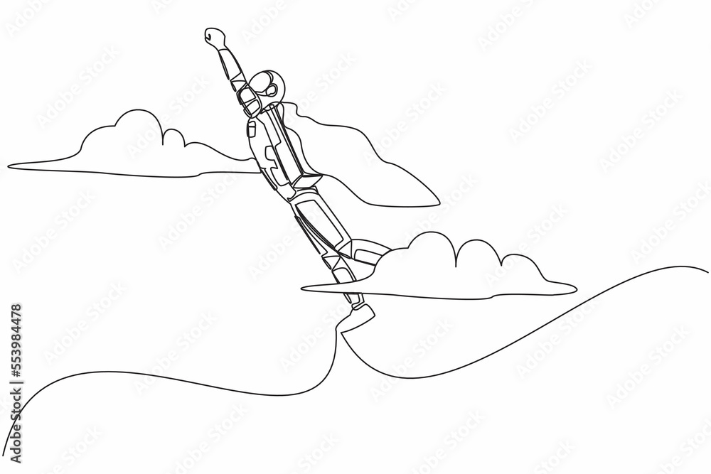 Poster continuous one line drawing super young astronaut in cloak flying up to cloud sky. spaceship startup