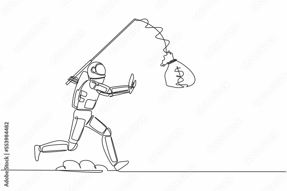 Aufkleber single continuous line drawing astronaut chasing bait of money bag from himself. foolishness and stu