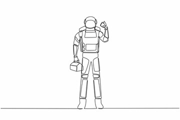Single one line drawing astronaut standing and holding tools box with thumb up gesture. Ability to repair operating system. Cosmic galaxy space. Continuous line draw graphic design vector illustration