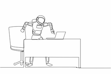 Continuous one line drawing of frustrated astronaut standing and shouting on laptop screen at working desk. Trouble in spaceship industry. Cosmonaut outer space. Single line design vector illustration