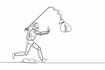 Single continuous line drawing astronaut chasing bait of money bag from himself. Foolishness and stupidity in spaceship company funding. Cosmonaut deep space. One line draw design vector illustration