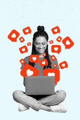 Artwork magazine collage picture of happy smiling lady writing instagram twitter facebook blog...